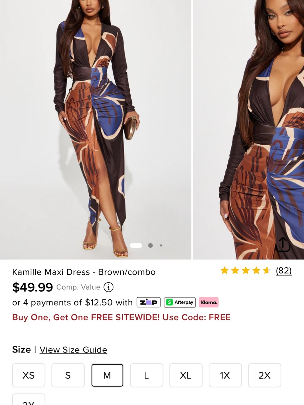 Fashion Nova Brown & Blue Plunge Maxi Dress
